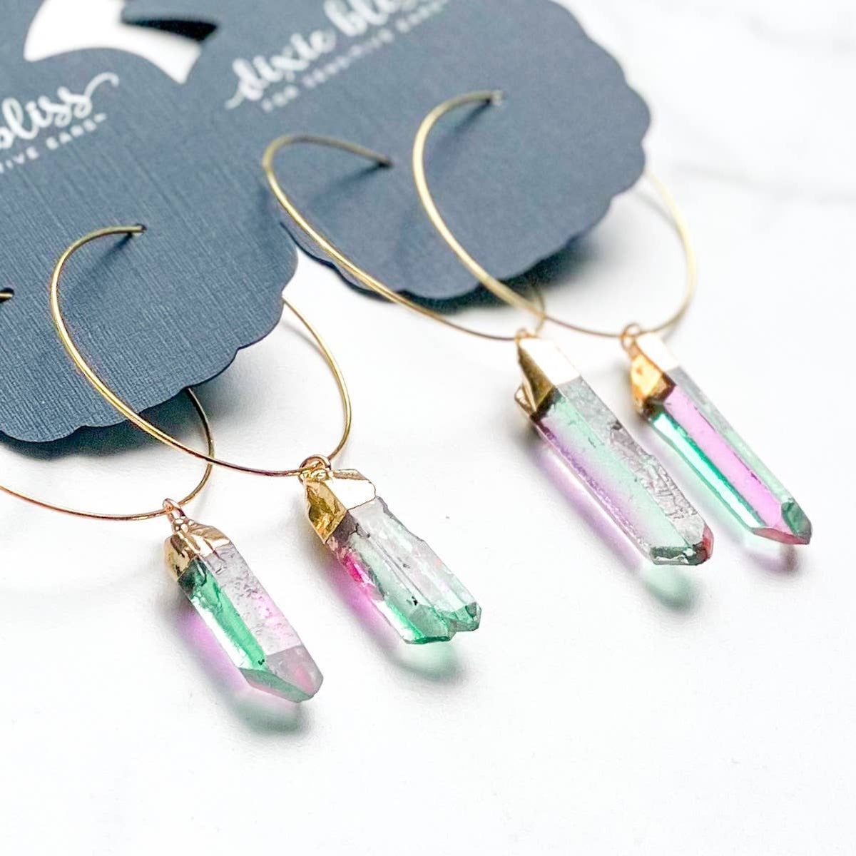 Fanciful Hoops in Rainbow Aura Quartz-Dixie Bliss