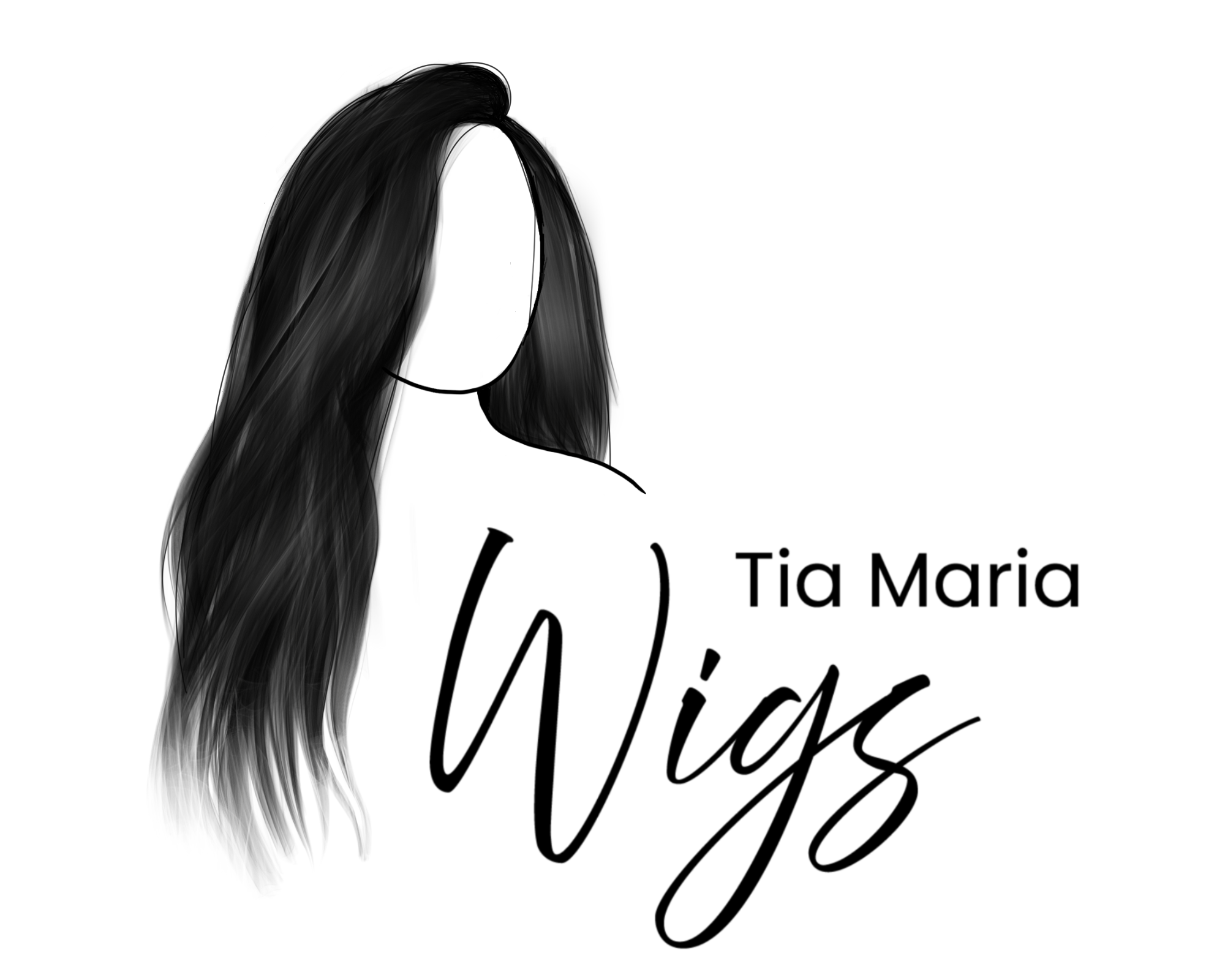 Mannequin head with long black hair and 'Tia Maria Wigs' text on a white background