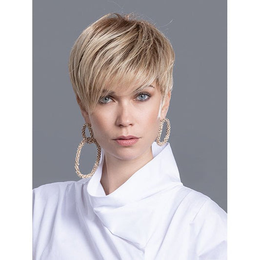 ELAN by ELLEN WILLE in SANDY BLONDE ROOTED 22.20.25 | Light Neutral Blonde, Light Strawberry Blonde, and Lightest Golden Blonde blend with Dark Shaded Roots