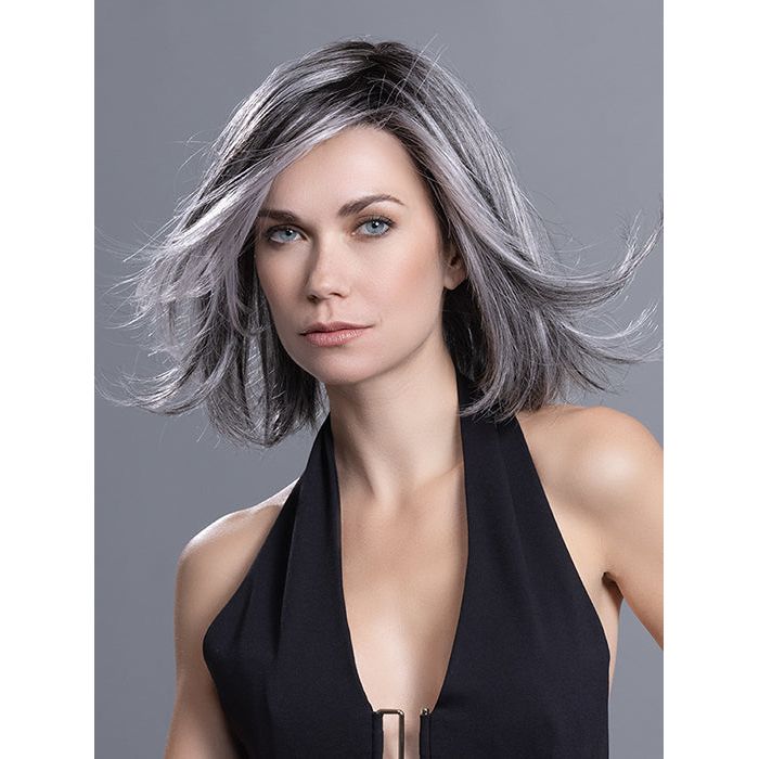 FLIRT by ELLEN WILLE in SALT/PEPPER ROOTED 39.44.60 | Darkest/Dark Brown base with Pearl White and Grey Blend and Shaded Roots