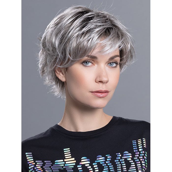 RAISE by ELLEN WILLE in STONE GREY ROOTED 56.60.48 | Blend of Medium Brown Silver Grey and White with Dark Roots