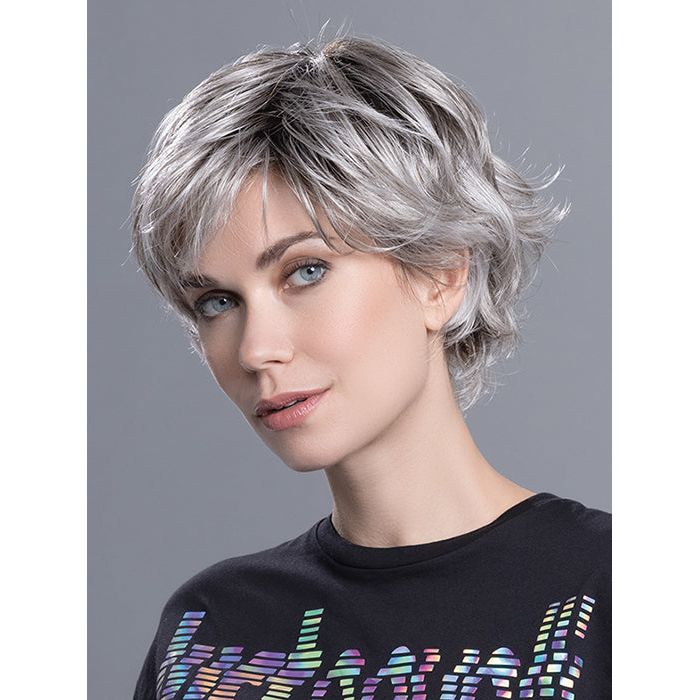 RAISE by ELLEN WILLE in STONE GREY ROOTED 56.60.48 | Blend of Medium Brown Silver Grey and White with Dark Roots