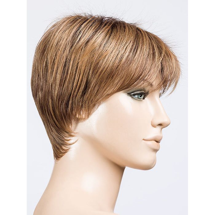 ELAN by ELLEN WILLE in MOCCA ROOTED 9.830.20 | Medium Warm Brown, Medium Brown, Light Auburn, and Light Strawberry Blonde blend with Dark Shaded Roots