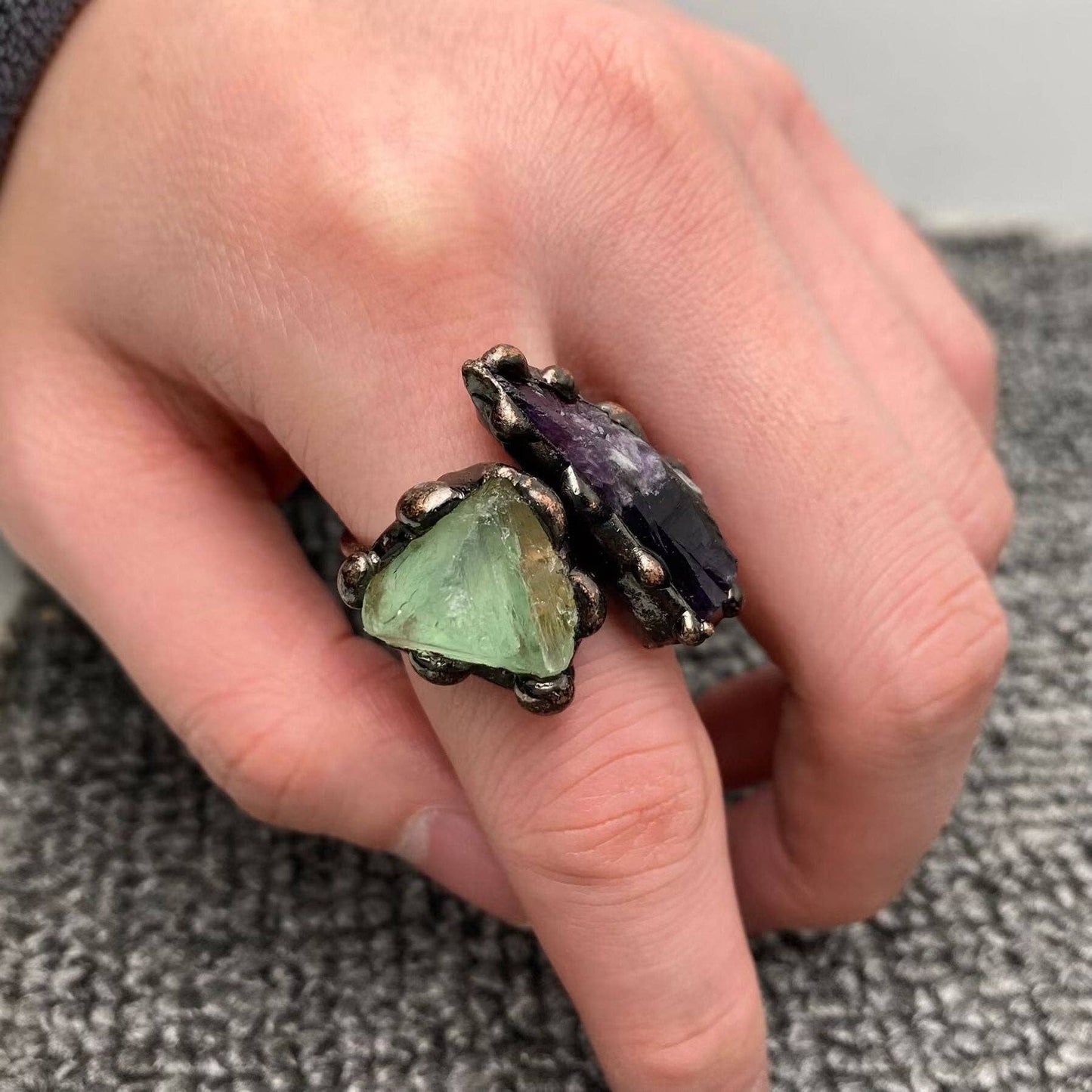 Vintage Irregular Amethyst & Green Crystal Ring