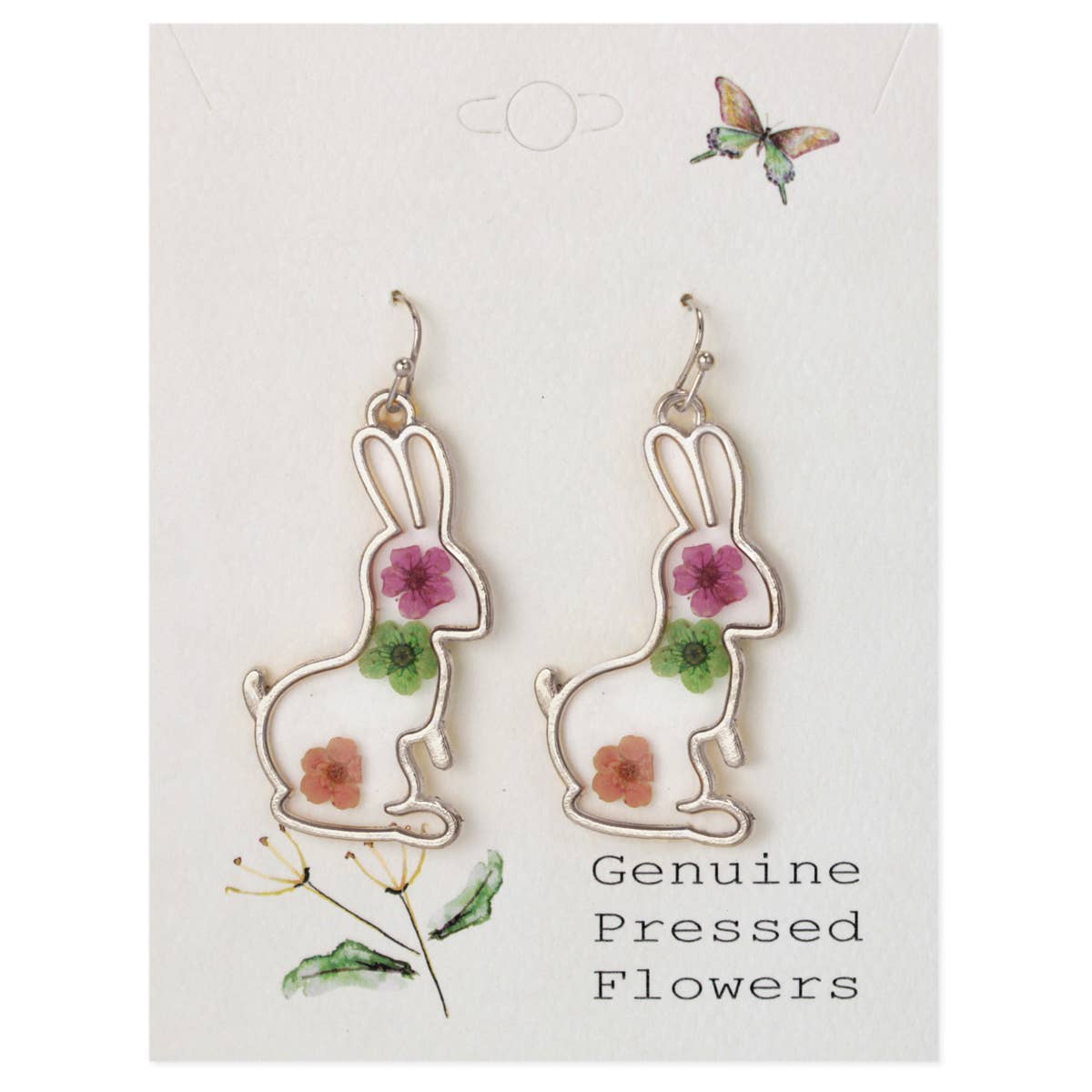 Spring Rabbit Pressed Flower Silver Earrings