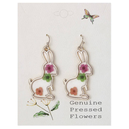 Spring Rabbit Pressed Flower Silver Earrings
