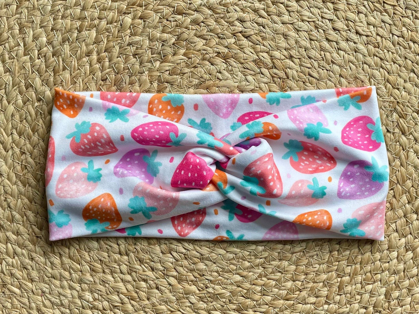 Colorful Strawberries Knit Twist Headband by Designs by Rachel Joy