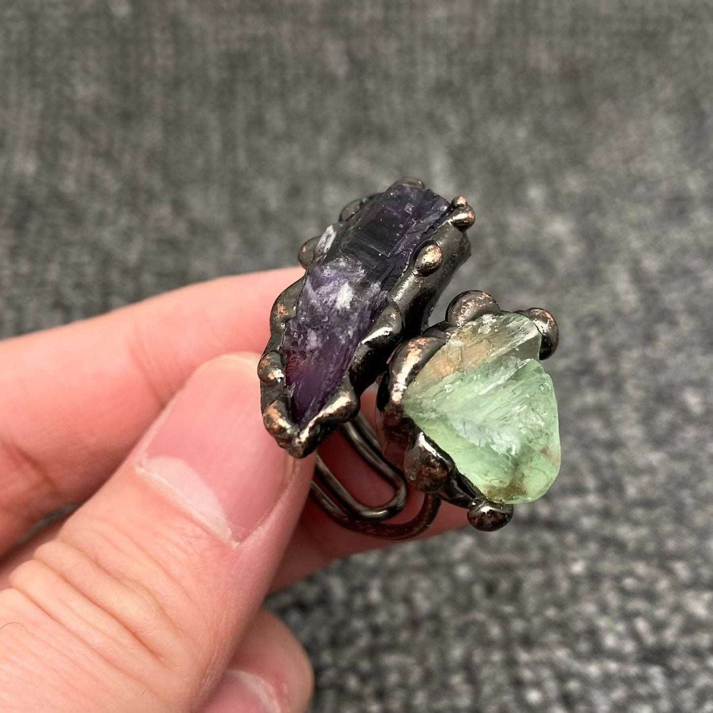 Vintage Irregular Amethyst & Green Crystal Ring