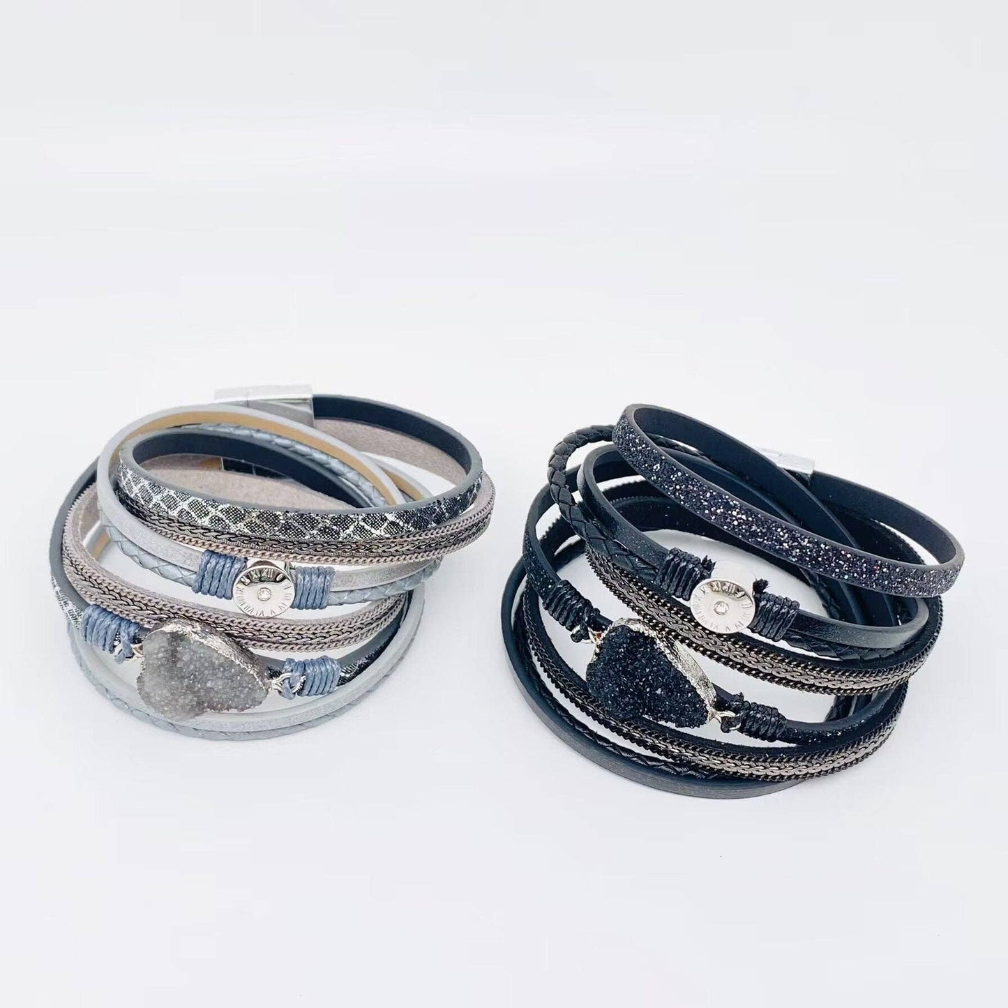 Crystal Multi-Layer Leather Magnetic Snap Bracelet by Mio Queena