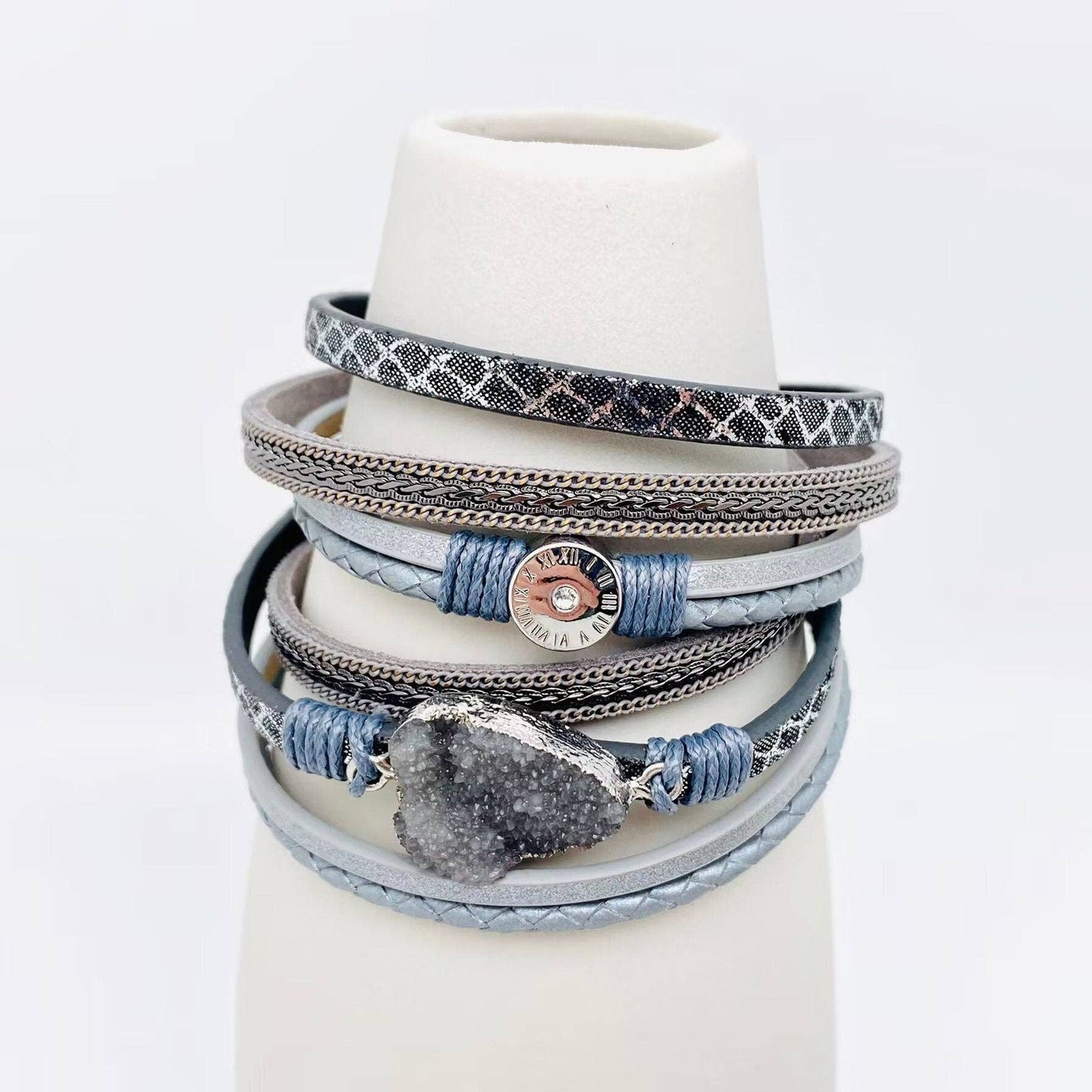 Crystal Multi-Layer Leather Magnetic Snap Bracelet by Mio Queena