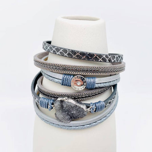 Crystal Multi-Layer Leather Magnetic Snap Bracelet by Mio Queena