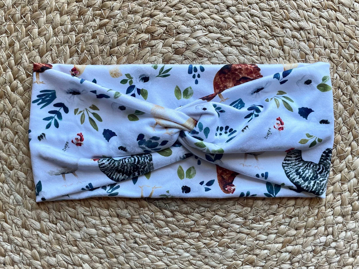 White Floral Chickens Knit Twist Headband - Designs by Rachel Joy