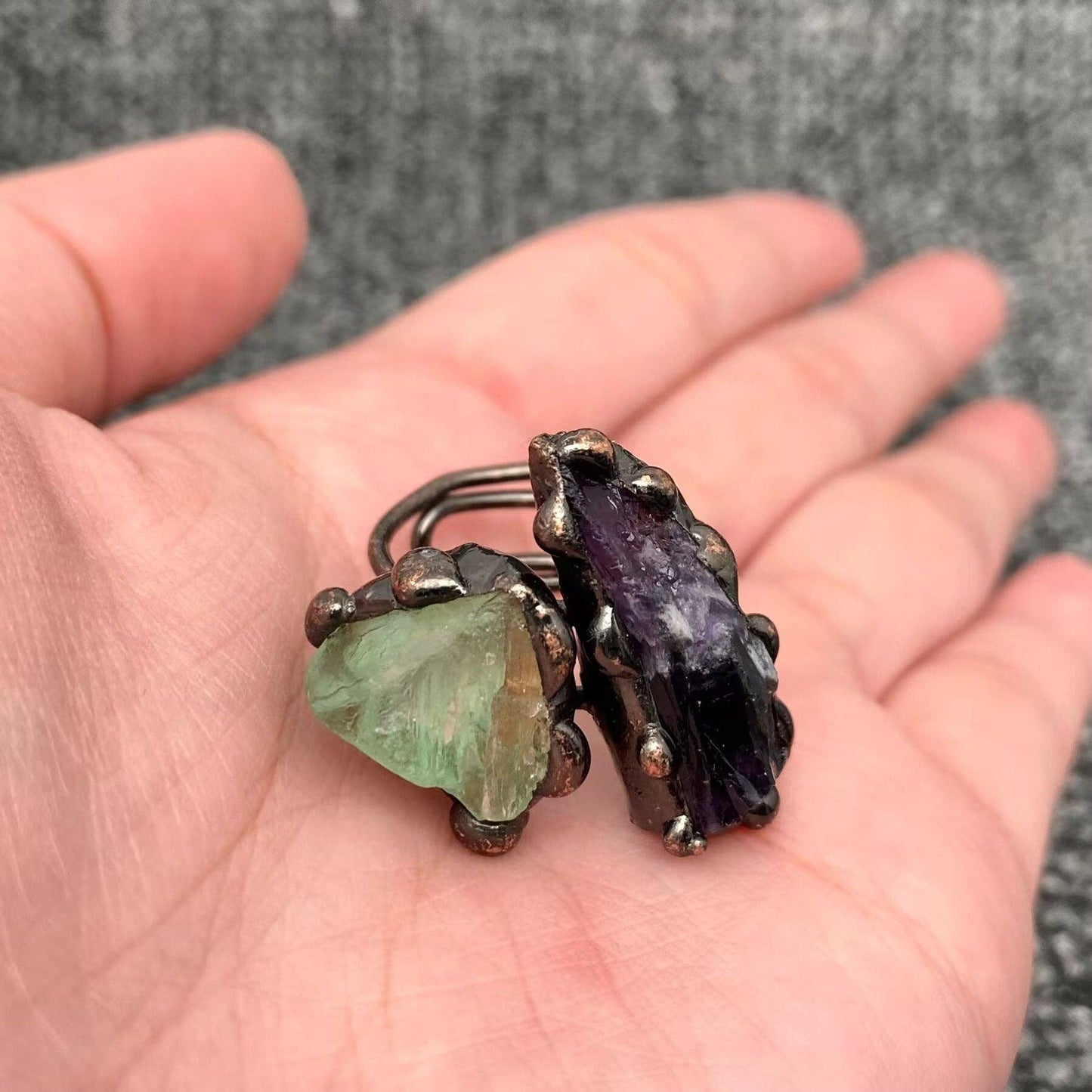 Vintage Irregular Amethyst & Green Crystal Ring