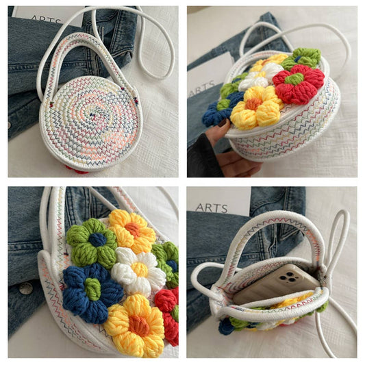 Fashionable Flower Woven Tassel Shoulder Handbag