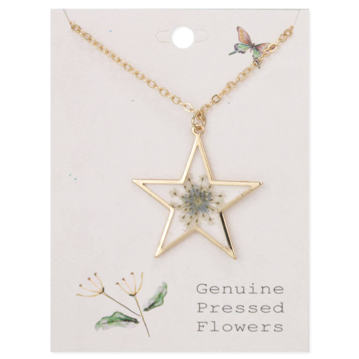 Gold Star Blue Dried Flower Necklace