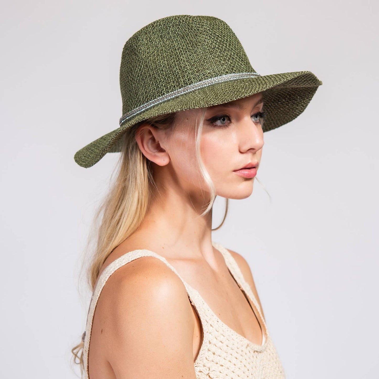 Floppy Wide Brim Paper Braid Panama Hat with Rhinestone Band
