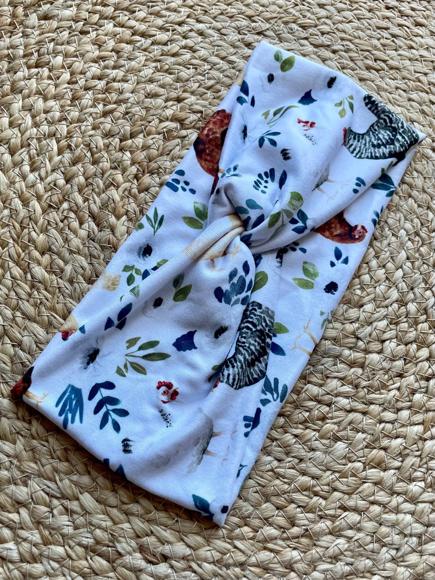 White Floral Chickens Knit Twist Headband - Designs by Rachel Joy