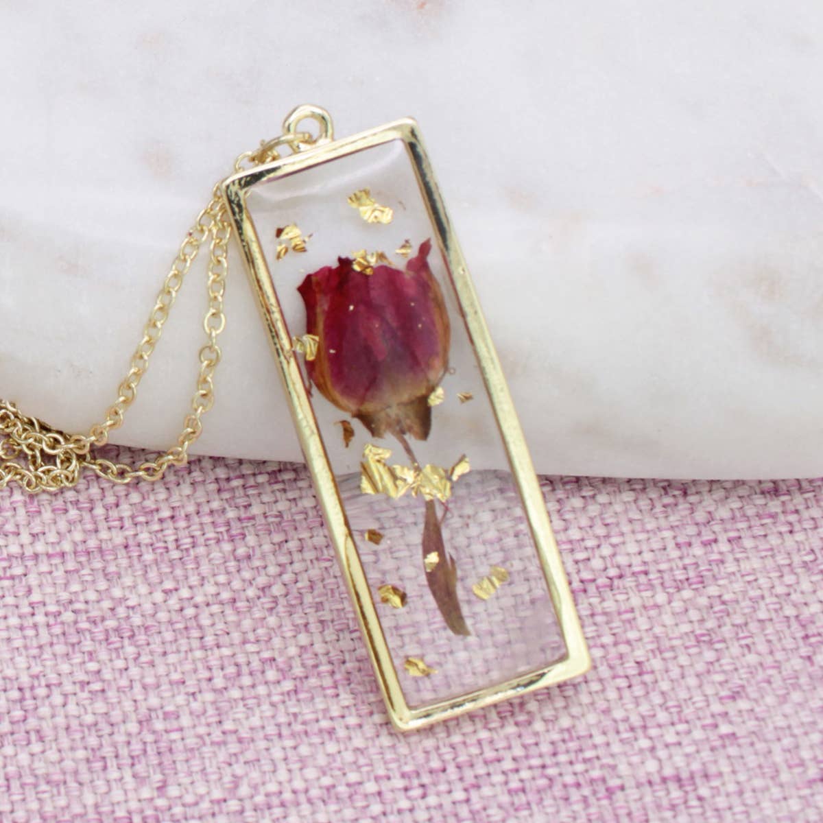 Gold Bar Red Dried Flower Necklace