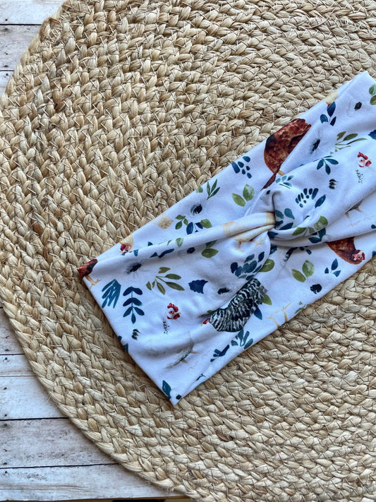 White Floral Chickens Knit Twist Headband - Designs by Rachel Joy
