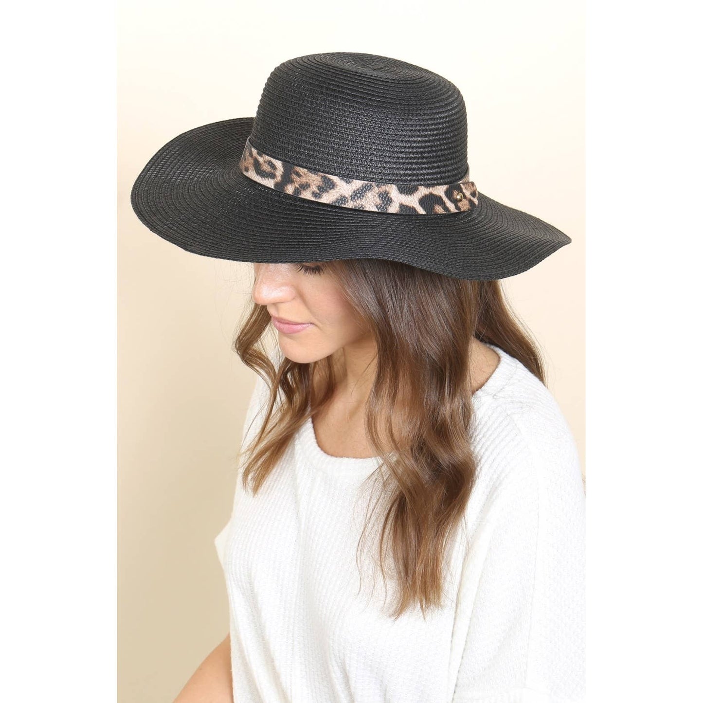 Panama Brim Hat with Leopard Strap Accent