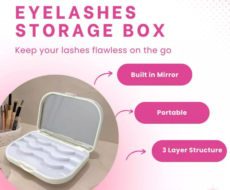 False Eyelash Organizer Case with Mirror Eyelashes Travel Storage Box - Holds 3 Pairs