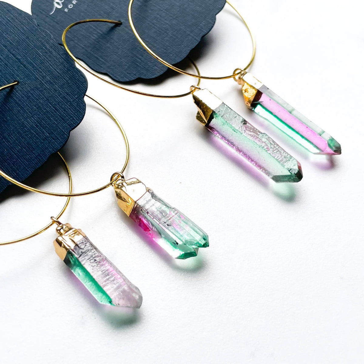 Fanciful Hoops in Rainbow Aura Quartz-Dixie Bliss