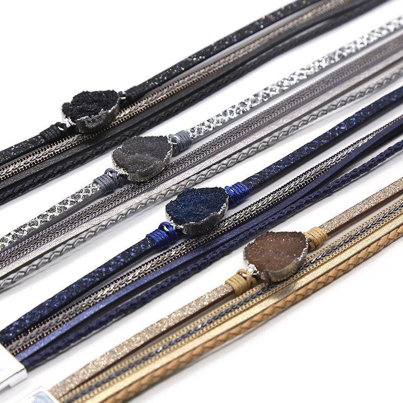 Crystal Multi-Layer Leather Magnetic Snap Bracelet by Mio Queena