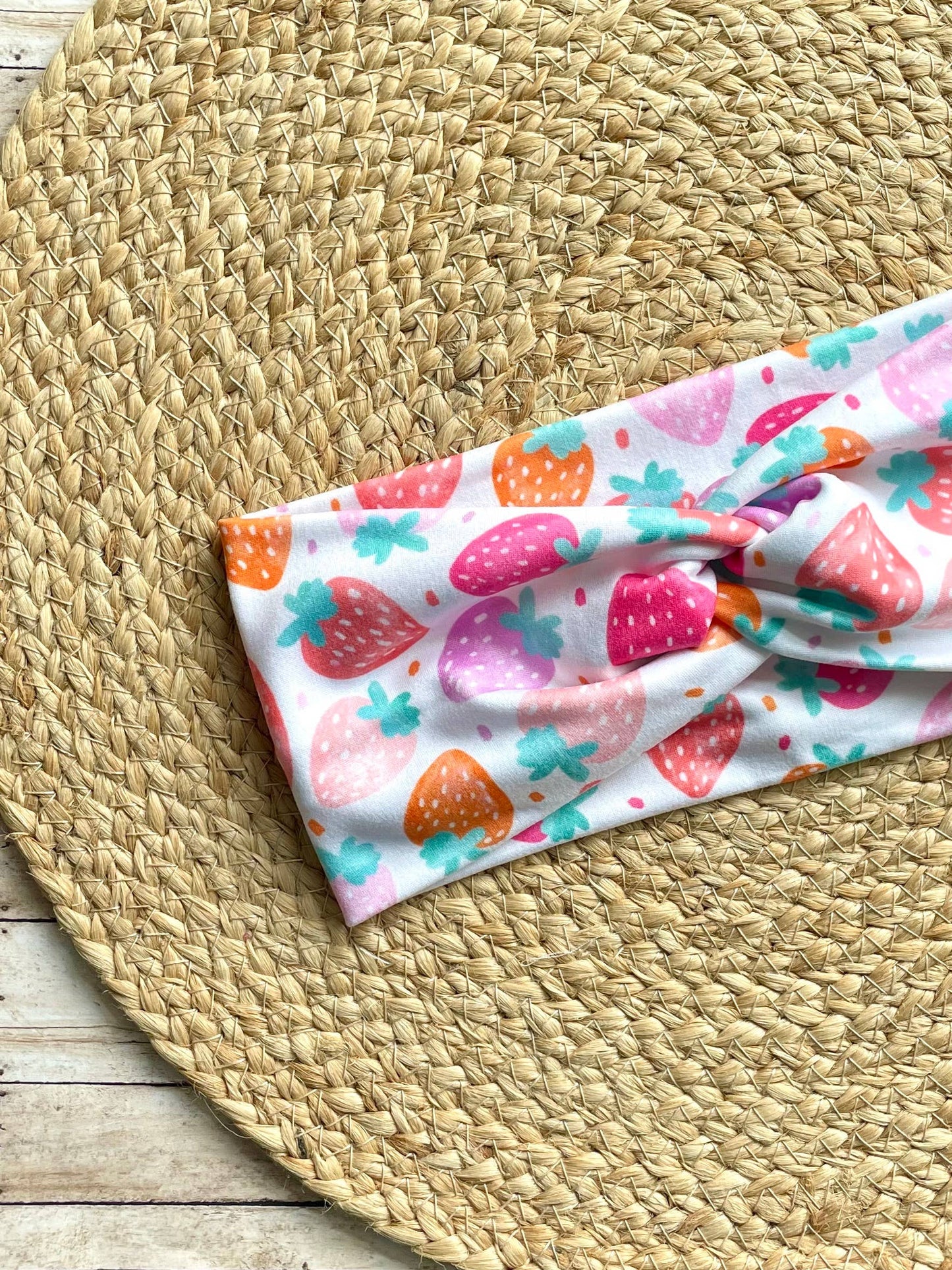 Colorful Strawberries Knit Twist Headband by Designs by Rachel Joy