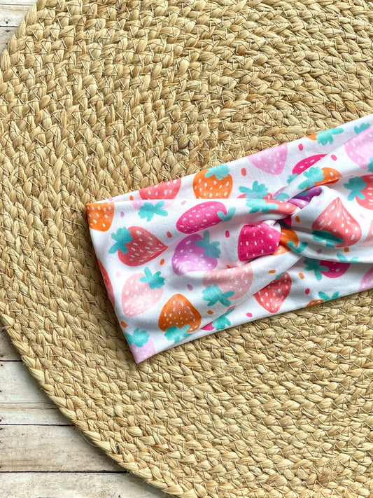 Colorful Strawberries Knit Twist Headband by Designs by Rachel Joy