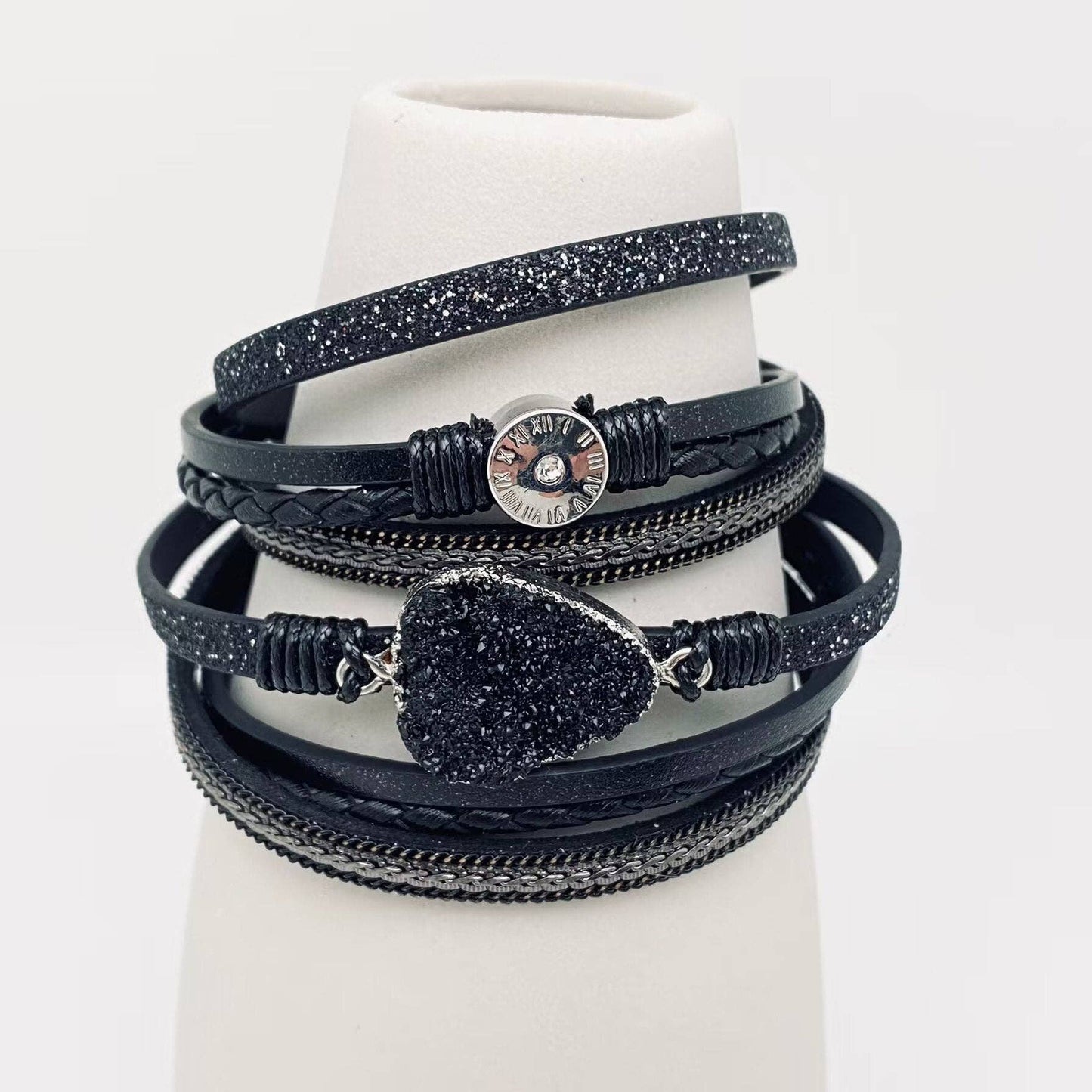 Crystal Multi-Layer Leather Magnetic Snap Bracelet by Mio Queena