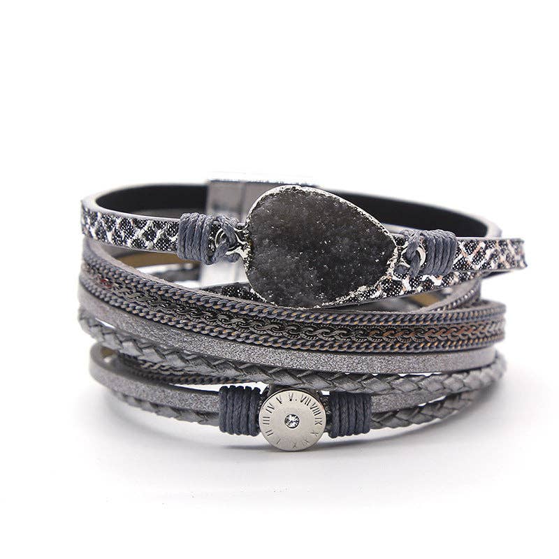 Crystal Multi-Layer Leather Magnetic Snap Bracelet by Mio Queena