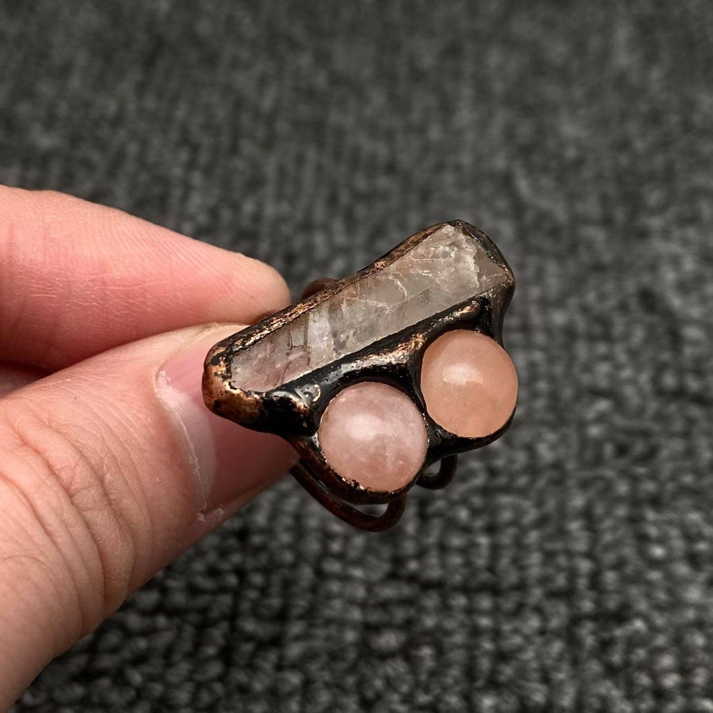 Vintage Irregular White Crystal & Pink Crystal Adjustable Ring