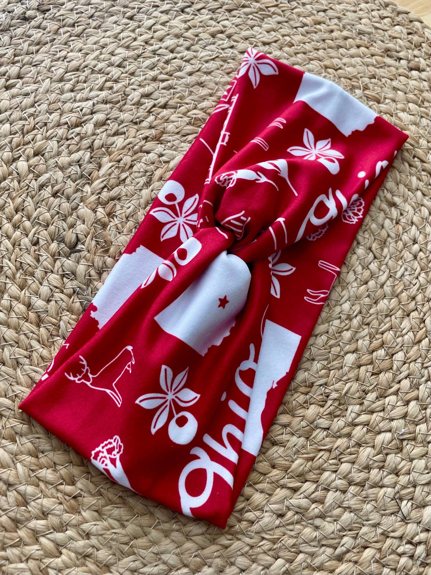 Ohio Symbols Red Knit Twist Headband - Designs by Rachel Joy
