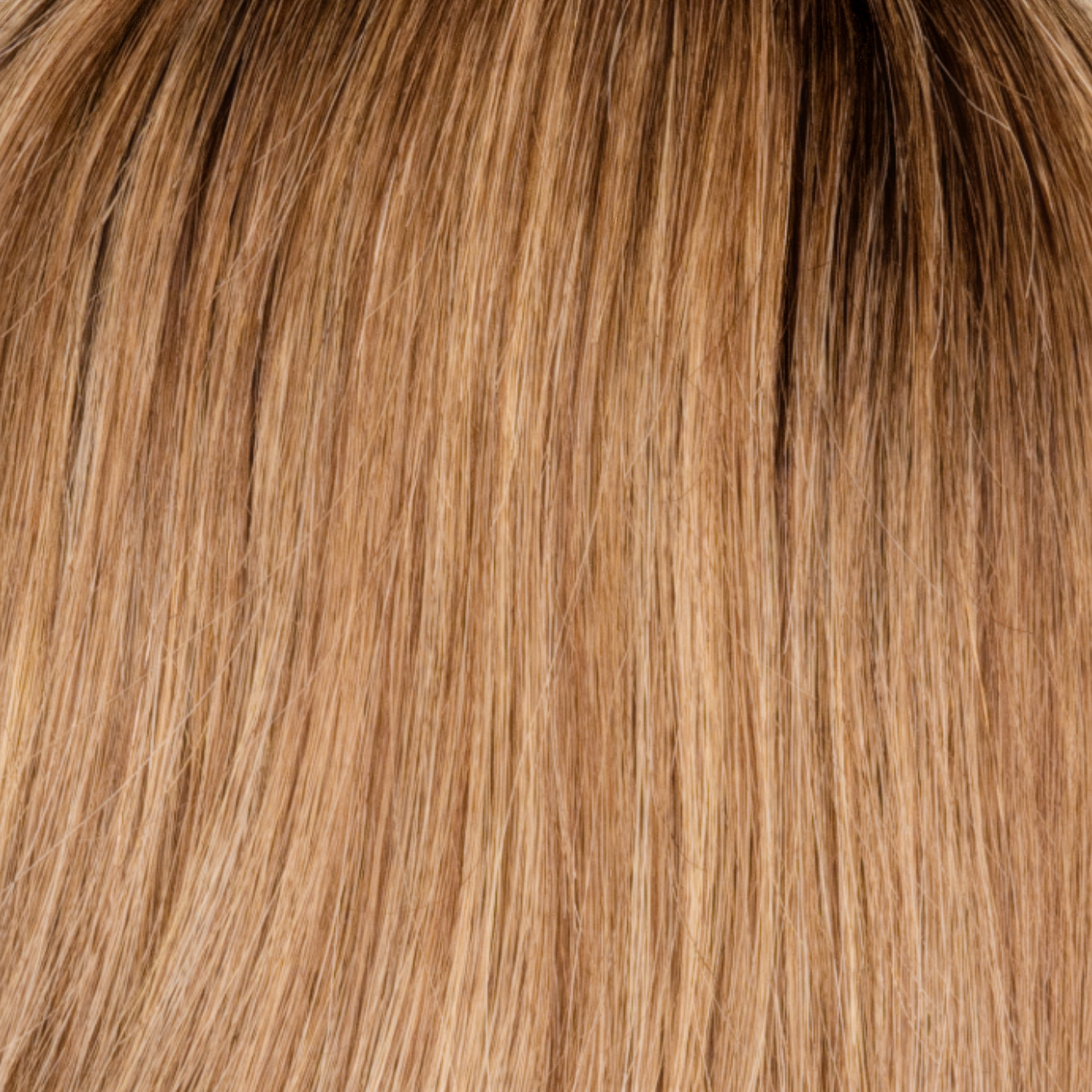 Highlighted Brown Root  -  Medium brown base with a combination of light cool blond and dark warm blond highlights. Medium brown root tone adds a trendy, realistic appearance.