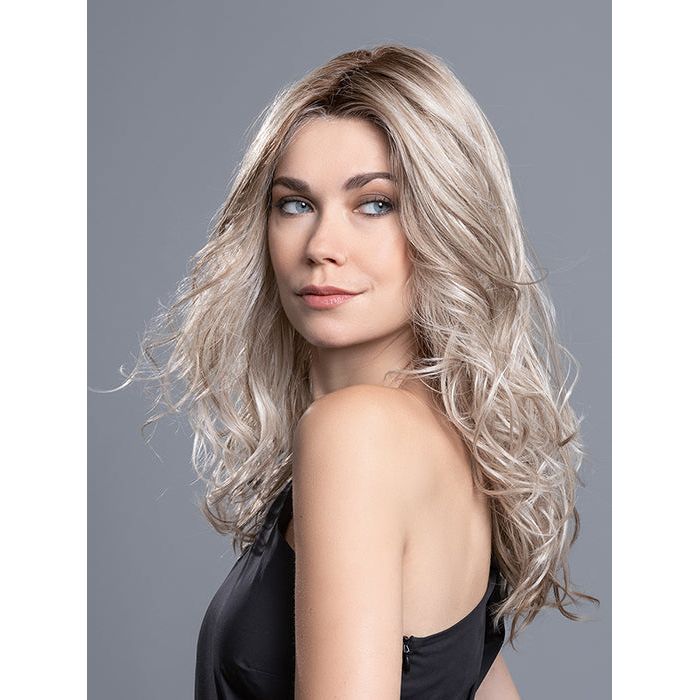 DIVA by ELLEN WILLE in CHAMPAGNE ROOTED 24.14.20 | Lightest Ash Blonde,  Medium Ash Blonde, and Light Strawberry Blonde blend with Dark Shaded Roots