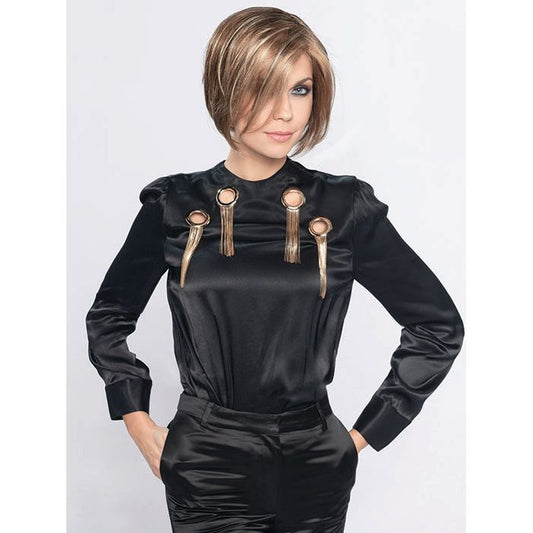 SUNSET by ELLEN WILLE in TOBACCO LIGHTED 8.27.22 | Medium Brown base with Light Golden Blonde Highlights, Light Auburn Lowlights, and Lightened at the Front