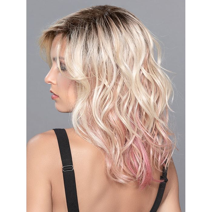 TABU by ELLEN WILLE in ROSE BLONDE ROOTED | Medium Dark Brown Roots that melt into a Pale Golden Blonde with a Mixture of Pink Tones Underneath with Dark Roots